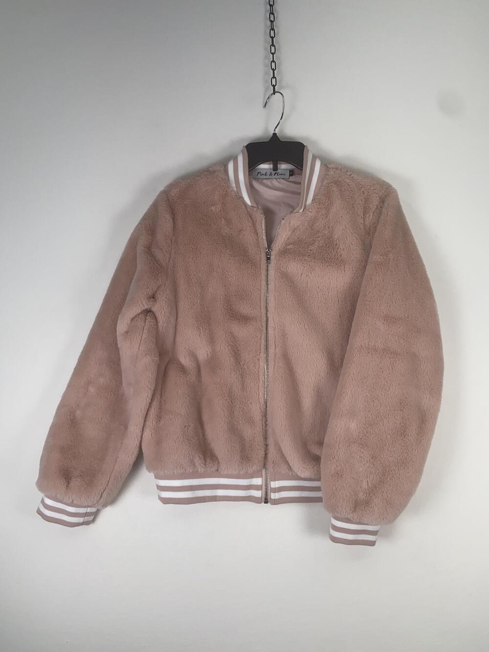 Pink & Flare Jacket Womens Small Pink Faux Fur Fleece Bomber Full Zip Lined